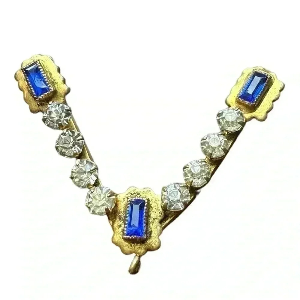 Vintage gold tone Brooch/Pendant - clear and blue  stones
